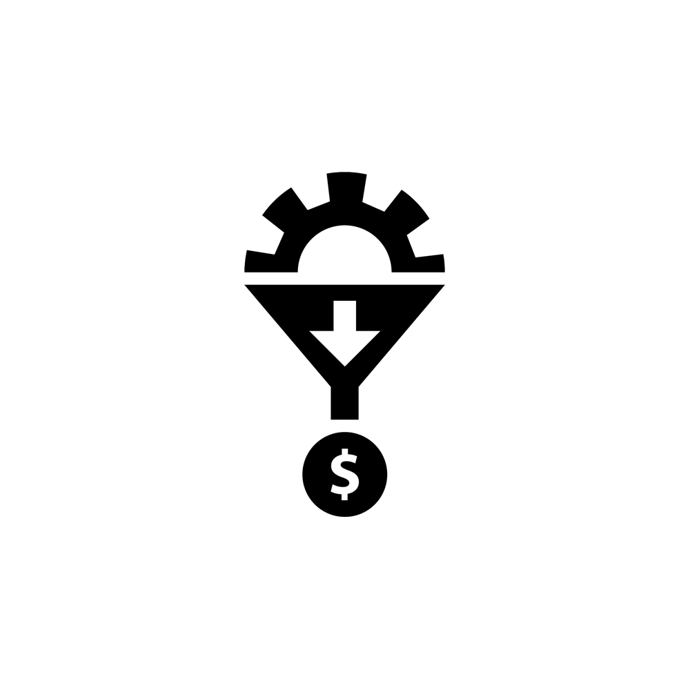 image of a gear entering a funnel and a money coin exiting the funnel
